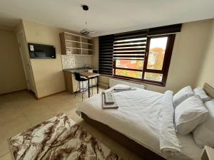 a bedroom with a large bed and a kitchen at BROWN in Ankara