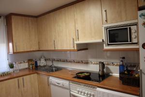 cocina con armarios de madera, fregadero y microondas en Casa en sierra de gredos piscina privada, en La Adrada