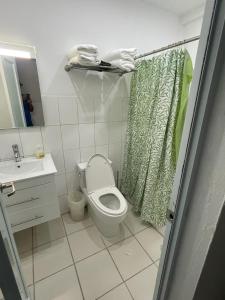 a bathroom with a toilet and a shower curtain at Mindanao # 842 in San Juan