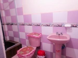 różowa i fioletowa łazienka z umywalką i toaletą w obiekcie Casas vacacionales Baños w Baños