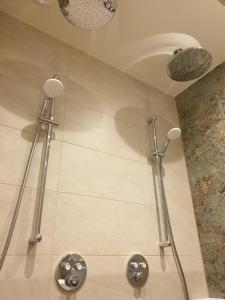a shower in a bathroom with two shower heads at Suite De Brinkparel in De Koog