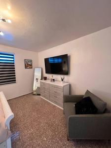 Playa y Campo Apartment #2 في إيزابيلا: غرفة معيشة مع أريكة وتلفزيون بشاشة مسطحة