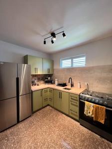 uma cozinha com armários verdes e um frigorífico de aço inoxidável em Playa y Campo Apartment #2 em Isabela