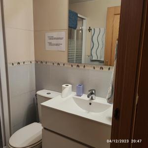 uma casa de banho com um lavatório, um WC e um espelho. em Habitación individual con baño privado en casa particular em Madri