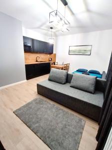 uma sala de estar com um sofá e uma cozinha em AlfaHome Manufaktura em Lódź
