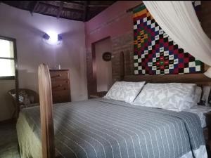 ein Schlafzimmer mit einem Bett mit einer Decke an der Wand in der Unterkunft Evergreen Eco Lodge Retreat in Tujering
