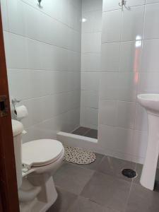 y baño con aseo, lavabo y ducha. en Gran Casona Hostal, en Iquique