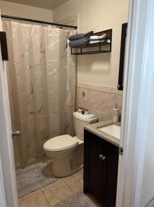 a bathroom with a toilet and a shower and a sink at Chic modern bedroom 5 mins from JFK in Locust Manor