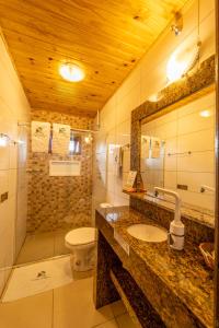 a bathroom with a sink and a toilet and a mirror at Pousada Rural Vista Alegre in Bom Jardim da Serra +239 photos