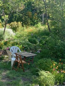 a picnic table and two chairs in a garden at Casita en el bosque in San Carlos de Bariloche