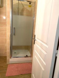 baño con cabina de ducha con puerta de cristal en Rogier 6, en Mons