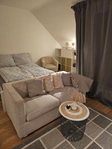 ein Wohnzimmer mit einem Sofa und einem Bett in der Unterkunft Modern Studio near Düsseldorf Airport & Messe/Fair in Meerbusch