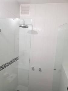 uma casa de banho com um chuveiro e uma porta de vidro em Confort en zona ecológica, Loft en Pilarica 2 em Medellín