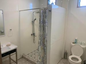 a bathroom with a shower with a toilet and a sink at Samoa Business Apartments in Apia