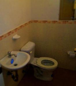 La salle de bains est pourvue de toilettes et d'un lavabo. dans l'établissement GUESTHOUSE MOUNTAIN TRAVEL ECUADOR, 