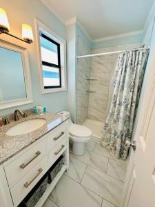 La salle de bains est pourvue de toilettes, d'un lavabo et d'une douche. dans l'établissement Living the Dream on the beach!, à Carolina Beach
