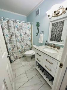 ein Bad mit einem WC, einem Waschbecken und einer Dusche in der Unterkunft Living the Dream on the beach! in Carolina Beach