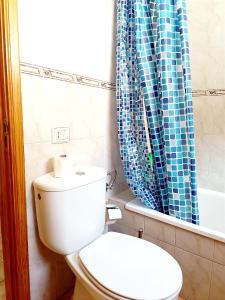 a bathroom with a toilet and a blue shower curtain at Santa Lucía AgroRural in Santa Lucía