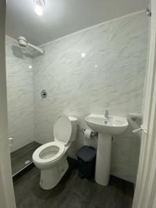 a bathroom with a toilet and a sink at Acogedor Apartamento Pequeño e Independiente in Bogotá