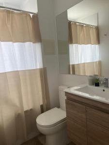 La salle de bains est pourvue de toilettes, d'un lavabo et d'un miroir. dans l'établissement Condominio Lagunamar, Las Cruces, à San Antonio