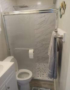 a bathroom with a shower with a toilet and a sink at Beachfront Retreat FREE use of GOLF CART in Surfside Beach
