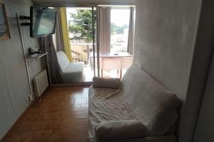 uma sala de estar com um sofá e uma televisão em Piscine - mer 5 minutes à pied - sans draps em Argelès-sur-Mer