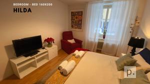 un soggiorno con TV, divano e sedia di Hilda: Tranquillo appartamento in centro a Zurigo