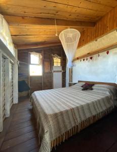 sypialnia z dużym łóżkiem w drewnianym pokoju w obiekcie Satori w mieście Barra de Valizas