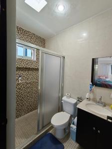 uma casa de banho com um chuveiro, um WC e um lavatório. em Casa colibri. em Progreso