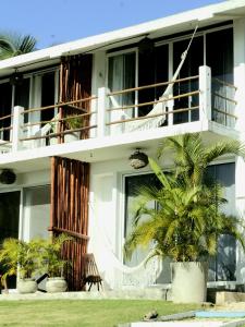 una casa blanca con una palmera delante de ella en Tropic Bacalar en Bacalar