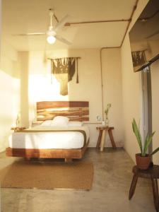 ein Schlafzimmer mit Bett und Deckenventilator in der Unterkunft Tropic Bacalar in Bacalar