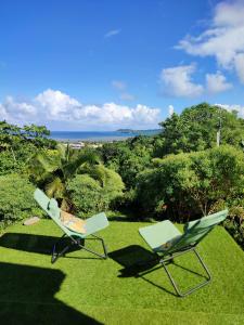 two green chairs sitting on the grass near the ocean at Bungalow Soleil Levant in Le Robert