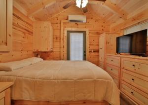 a bedroom with a bed and a flat screen tv at Bryce Cabin Lookout Mtn Tiny Home W Swim Spa in Chattanooga