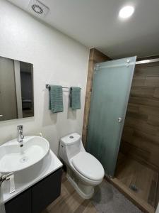 a bathroom with a toilet and a sink and a shower at Departamento nuevo a 5 cuadras de Roma Norte in Mexico City