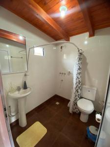 a bathroom with a white toilet and a sink at Cabaña Lanèr in San Vicente
