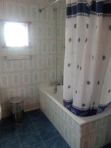 y baño con bañera y cortina de ducha. en Isla yu backpacker, en Puerto Natales