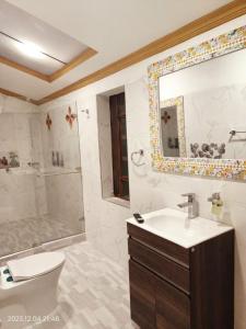 a bathroom with a sink and a toilet and a shower at villa saturia in Ráquira