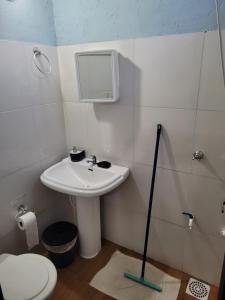 a bathroom with a sink and a toilet and a mirror at Pelado Róga in Villa Florida