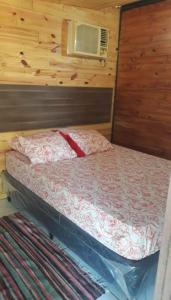 a bedroom with a bed in a wooden wall at Pelado Róga in Villa Florida
