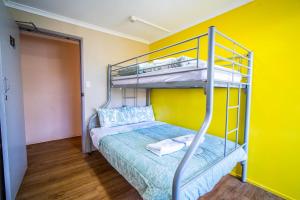 1 dormitorio con litera y pared amarilla en The Hostel, Airlie Beach en Airlie Beach