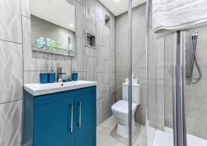 a bathroom with a blue cabinet and a toilet at Amazing 2 Bedroom flat in London in London