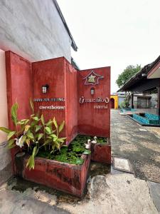 un edificio rojo con plantas delante de él en Baan Ma Feung GuestHouse, en Kanchanaburi