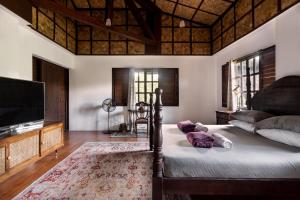 1 dormitorio con 1 cama y TV de pantalla plana en The Red Hen Homestead, en Batangas