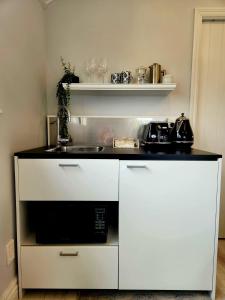 a kitchen with a sink and a microwave at Petite on Regent in Martinborough 
