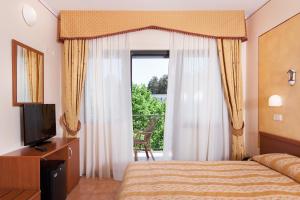 a bedroom with a bed and a television and a balcony at Hotel Fabbrini in Abbadia San Salvatore