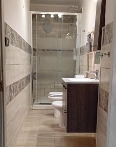 La salle de bains est pourvue de toilettes et d'une douche en verre. dans l'établissement La casuzza di Tindaro, à Catane