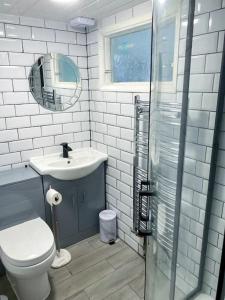a bathroom with a toilet and a sink and a mirror at Gravesend 2 Bedroom Spacious Stylish Apartment - Sleeps upto 6 - 2 Min Walk to Station in Kent