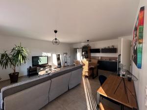 a living room with a large couch and a television at Charmant T3 proche plaine de l’Ain in Saint-Jean-de Niost