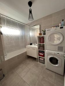 a bathroom with a washing machine and a sink at Charmant T3 proche plaine de l’Ain in Saint-Jean-de Niost +1 photo