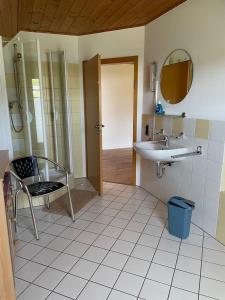 a bathroom with a sink and a chair and a mirror at Das gelbe Landhaus in Tellig